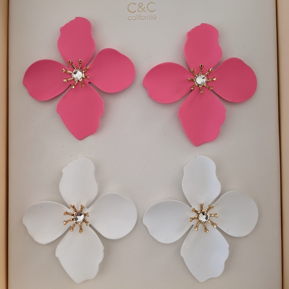 C & C California White & Pink Large Flower Statement Earrings 2 Pair Set, NWT - Picture 2 of 4